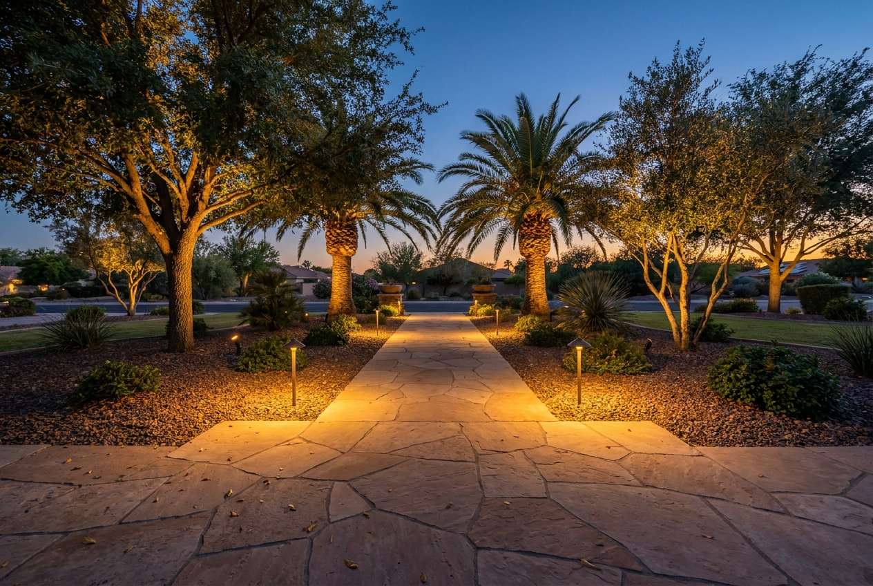 Landscape lighting at dusk in Sun City, AZ